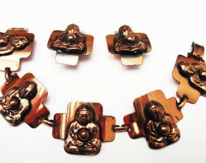 Buddha Copper link Bracelet and Earring Set - mid century- Boho style - clip on earrings