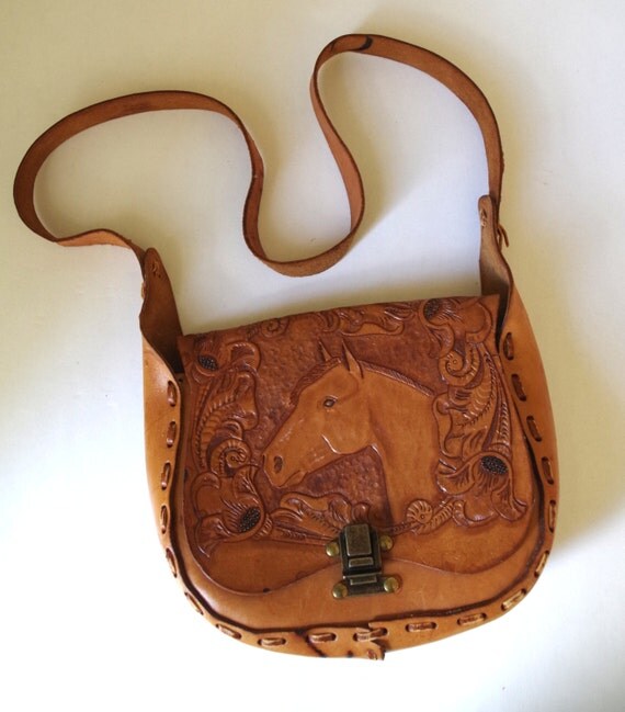 Vintage 1970s Tooled Leather Shoulder Bag Purse with Horse
