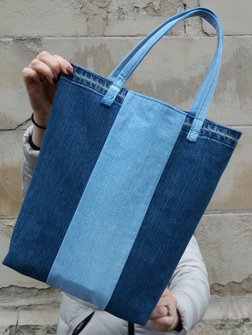 Blue denim tote bag upcycled denim tote bag striped tote