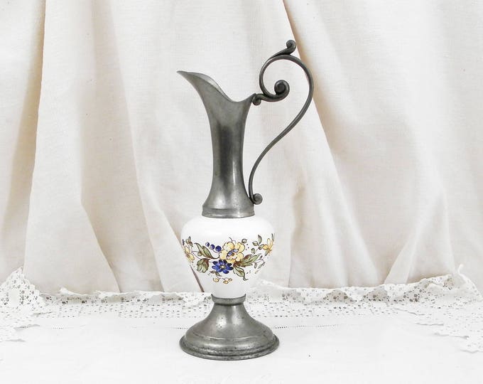 Antique French Pewter and Ceramic / Faience Vase with Transferware Flower Pattern, Metal and Ceramic Vase, French Country Decor, Shabby