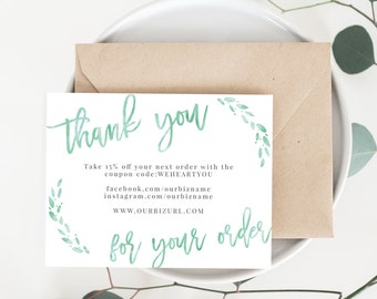 INSTANT Business Thank You Cards, Editable PDF Printable Packaging Inserts for Online Shops, Etsy Sellers | Watercolor Mint, Lola | Template