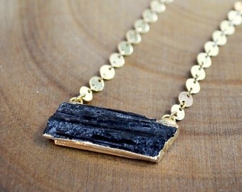 black tourmaline necklace /// raw black tourmaline - long layering gold necklace /// healing gemstone boho jewelry