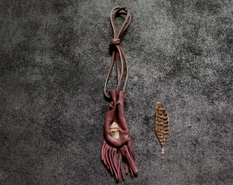 CRYSTAL Leather Medicine Pouch • shaman • neck pouch • nomad boho hippie burgundy red