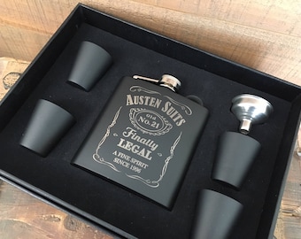 21st Birthday Gift Flask, Personalized Laser Engraved Flask Set with Funnel & Shot Glasses, Custom Flask, Hip Flask, Engraved Flask