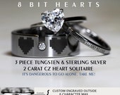 Legend Of Zelda 8 Bit Hearts- Tungsten With CZ and 925 Sterling Silver 1.3 Carat TW CZ Heart Wedding Rings, 8mm Men's ring All Engraved