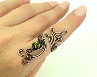 copper wire with green crystal stone ring wire wrapped jewelry handmade copper wire jewelry