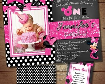 Minnie Mouse Birthday Invitations, Black Polka Dot Photo Invitation, Minnie Mouse Photo Invitation, Printable Minnie Mouse Invitation