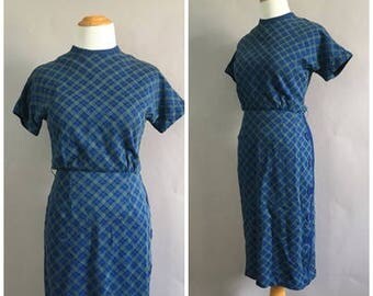 Vintage 1960s Blue Checkered Sheath Dress 50s Fall Wiggle Dress Mad Men Secretary Fitted Joan Holloway Office Wear Dress Size Small