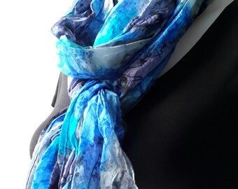 Silk scarf long crinkle hand painted - navy blue turquoise grey and blue
