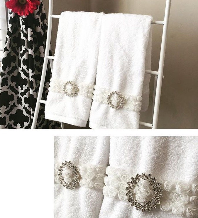 Rhinestone Rose bath hand towel white towels white rose