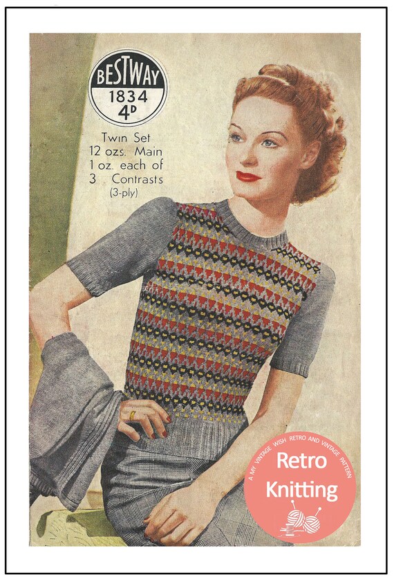 Winter sale 1940s Fair Isle Twin Set Knitting Pattern PDF