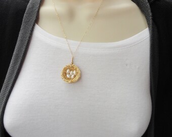 Gold bird nest,2,3,4,5,6,7 eggs on nest pendant, mom of three,nest necklace,mom of twins,pearl birds nest,1 egg on nest pendant