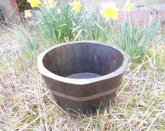 French vintage planter in half barrel shape, large plant tub. Garden decor, large wooden planter, rustic garden ornament. French country.