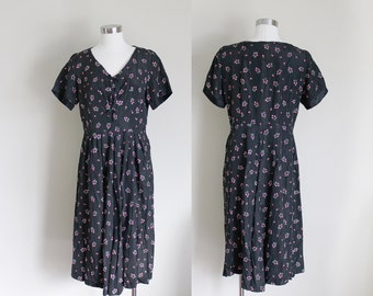 1940s Black Dress | Floral Dress | Shirtwaist Dress | Flower Print | Medium