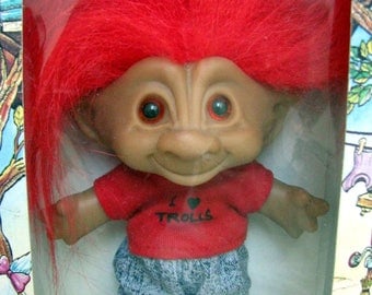 ACE Novelty Treasure Troll Friendly Trolls Diamond Rhinestone Jewel Belly Button Wishstones 7" Lucky Toy Boy Doll Red Hair Blue Jeans NIB
