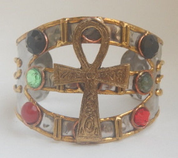 Large Ankh and multicolored gemstone cuff bracelet