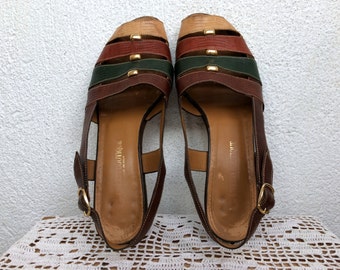 80s Slingbacks, Leather Sandals, Italian Leather Shoes, Strappy Sandals, Block Heels, Size 38, US 7 1/2, Brown Leather Low Heel Pumps