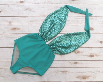Swimsuit High Waisted Vintage Style - Jade Green Mermaid Sequin One Piece Retro Pin-up Bathing Suit Swimwear -Bachelorette Spring Break
