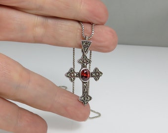 Vintage Sterling Garnet Cross Necklace.