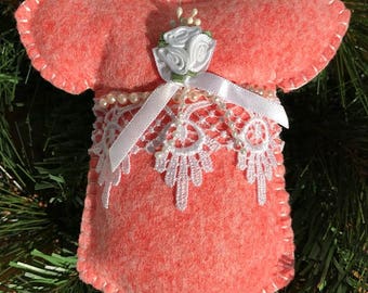 Wool Felt Venice Lace Onesie Ornament Hanger in Charming Coral