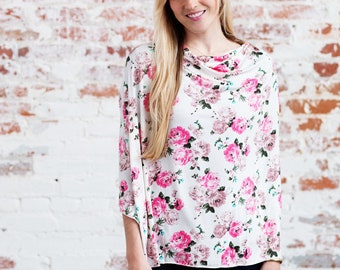 White Floral Nursing Cover | Multi Purpose Car Seat , Swaddle, Maternity top Floral Nursing Poncho
