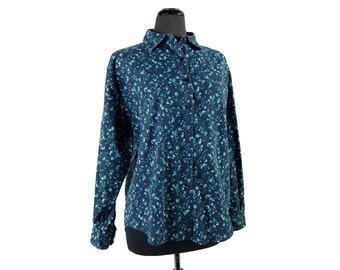 Vintage 1990s Floral Oversized Button Down / Oxford / Navy, Green, Blue, White / Editions Basic / Size M