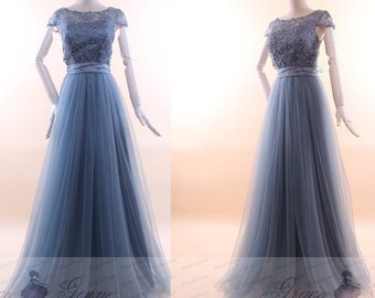 Dusty Blue Bridesmaid Dress 2017,Elegant Long Prom Dress,Bridesmaid Dress Tulle,Wedding Party Dress,Cap Sleeve Prom Dress,Bridesmaid Dresses