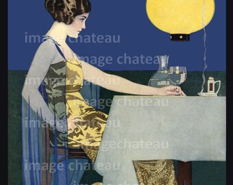 LOVELY WOMAN by Coles Phillips at Dinner - Glow of Japanese Lantern Light with Wine and Cigarette - Giclee Print Art Paper Archival