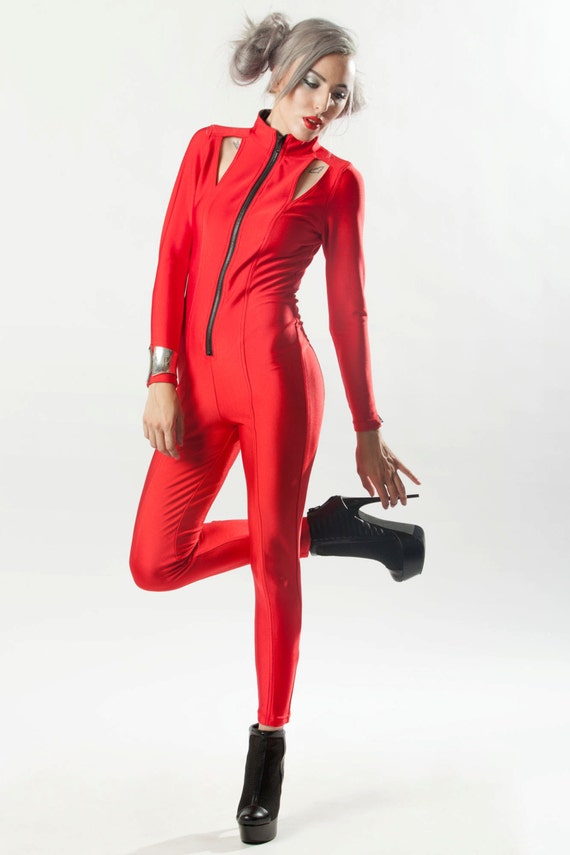 TRINITY CATSUIT Red Spandex Cutouts Cyber Futuristic