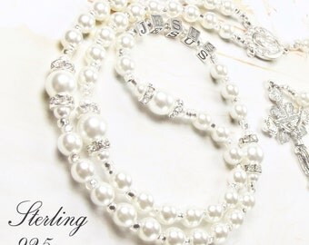 Baby Girl Baptism Rosary or Communion Personalized Rosary with Sterling 925 Silver Letters & Swarovski Purest White Pearls Girl Baptism Gift