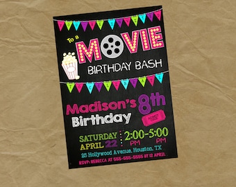 MOVIE Birthday Party Invitation - Digital or Printed Theater Drive In Movie Watching