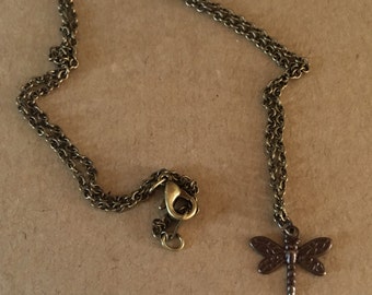 Dragonfly Charm Antique Brass Necklace