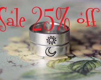 Sale 25% off Sun And Moon Ring Set, Simple Couples Rings, Friendship Gift Rings, Custom Personalized Hand Stamped Aluminum Ring