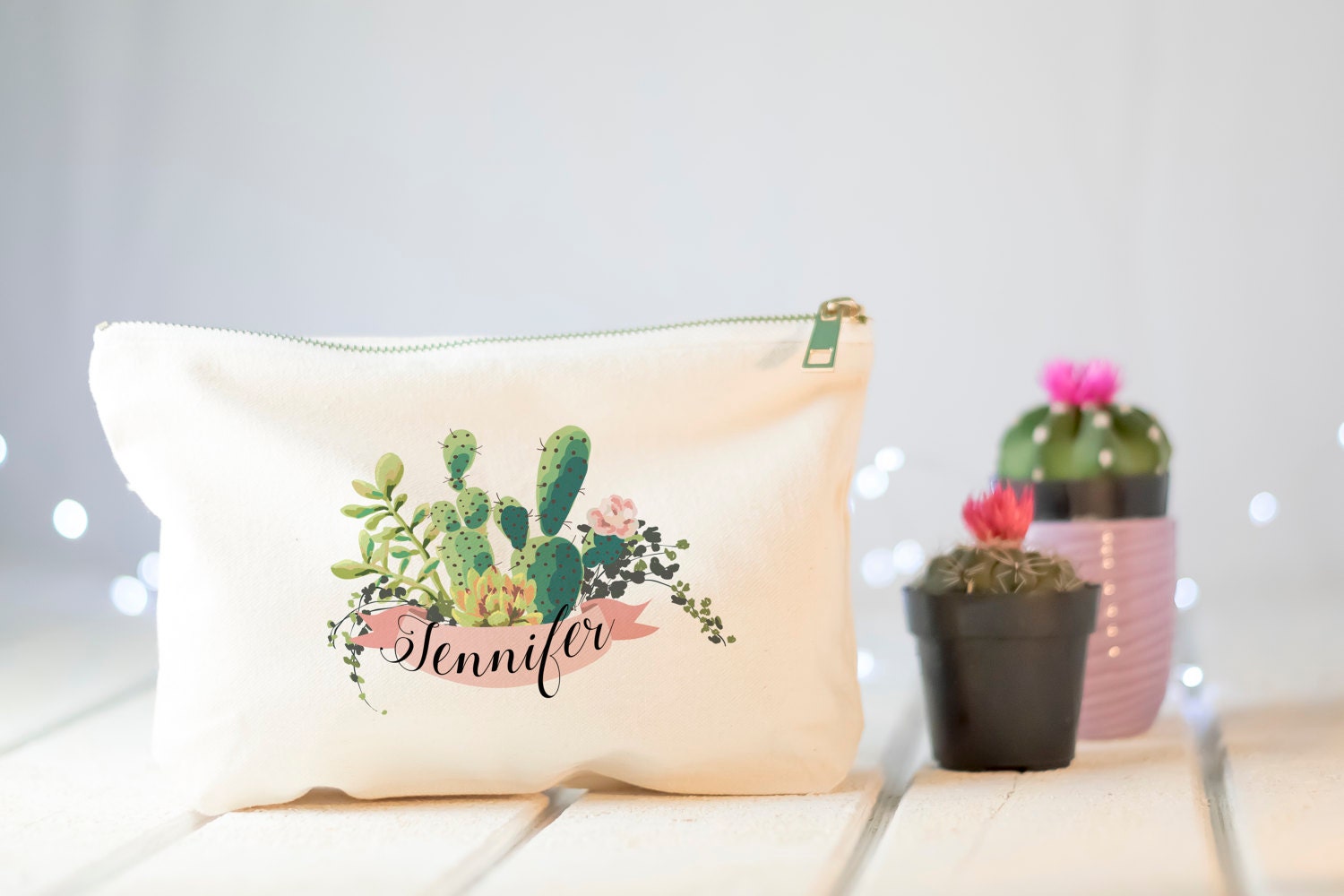 Personalized makeup bag, gift for her, cosmetics pouch, southwest wedding, gift for girlfriend, succulent, personalized clutch, travel gift