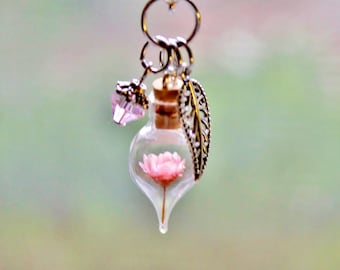 Pink Flower Terrarium Necklace Unique Gift Terrarium Jewelry Crystal Necklace, Flower Pendant Nature Gift Leaf Charm Glass Bottle Necklace