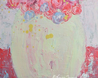 Acrylic Floral Painting. Pink & Blue Roses Painting. Still Life Flower Art. Cottage Chic Wall Decor. 194