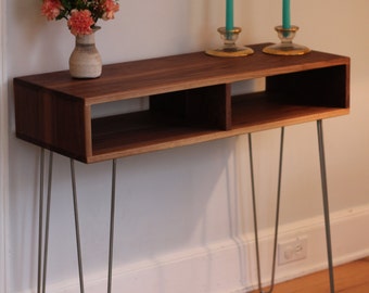 Mid Century Modern Sideboard / Console Table with Stainless Hairpin Legs in Black Walnut