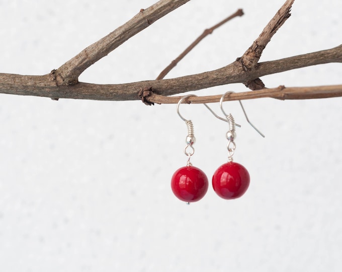 Red ball earrings, Ruby red earrings, Everyday earrings, Simple earrings, Love earrings, Small red earrings, Red earrings dangle