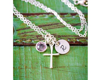 SALE • Cross Necklace Sterling Silver Cross Gift • First Communion Girl Baptism Gift •Confirmation Initial Necklace Religious Gift Christian
