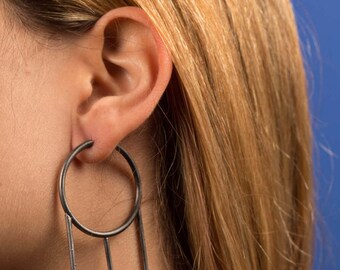 SALE, Black silver hoop earrings, Silver hoops, Black hoop earrings, Geometric hoops, Large silver hoop earrings, Black statement hoops