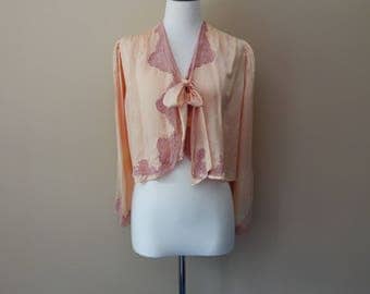 Vintage 1930s silk bed jacket with lace detail by Mollie Hodgett Lingerie