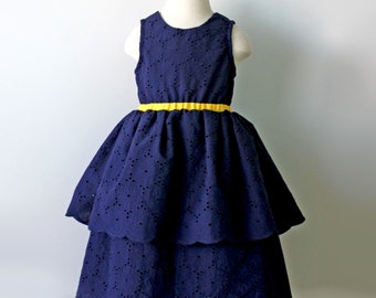 Navy Flower Girl Dress, Eyelet Flower Girl, Liberty Navy Cotton Dress, Navy and Yellow Wedding, Country Flower Girl, Beach Flower Girl
