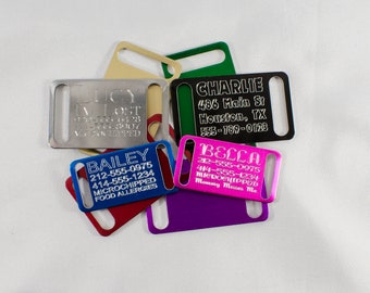 Engraved Built-In ID Tag Pet Tag, colored ID tag, jingle free tag, 16 fonts, slide on tag, metal dog tag - Collar or Harness Upgrade