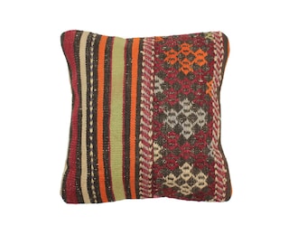 Kilim Pillow Cover with Bold Stripes and Stitched Geometric Detail with Saturated Vegetable Dye Colors