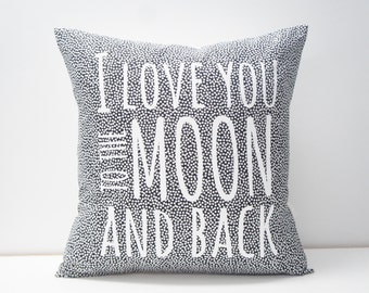 Pillow Cover - I love you to the moon and back Pillow Cover, 20x20, black and white confetti dots, monochrome, screenprint