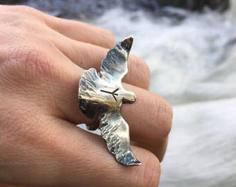Viking Raven Ring - Norse Rune Ring - Odins Ravens - Huginn and Muninn - Viking Rune Jewelry - Choose any Elder Futhark Rune