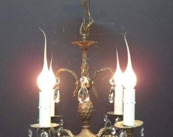 1960s Petite Brass Crystal Chandelier Small Four Light Pineapple Chandelier Bathroom Hallway Chandelier Closet Chandelier Lighting DD 1205