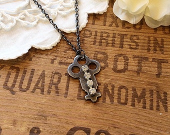 Embellished Vintage Key Necklace - rhinestone necklace upcycled assemblage necklace