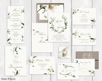 Greenery Wedding Invitation Printable Garden Wedding Invitation Suite, Botanical Wedding Invite Set, Leaf Wedding Invite, Spring Summer
