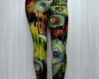 Colorful Peacock Leggings, Festival Pants, Unique Yoga Tights, Printed Art Pants, Stretch Skinny Pants, Custom Personalized